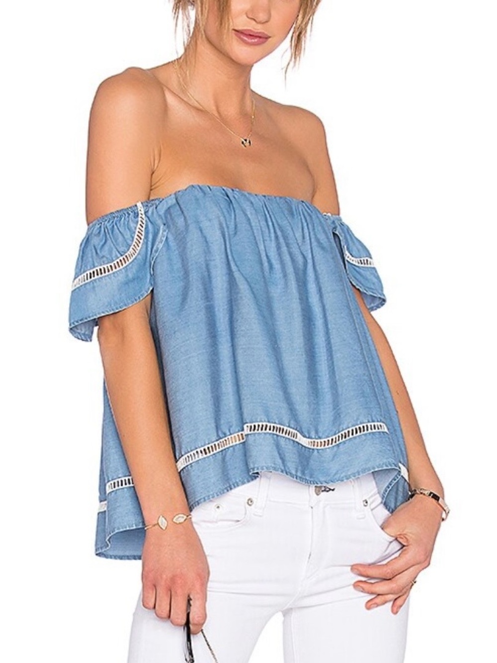 Lovers + Friends Chambray Life's A Beach Off-the-Shoulder Top Sz Small Blue